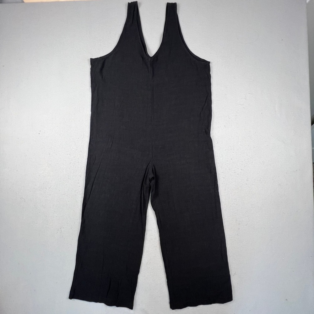 Carly Jean Los Angeles Jumpsuit Women L Black Rayon Linen V-Neck Wide Leg Casual